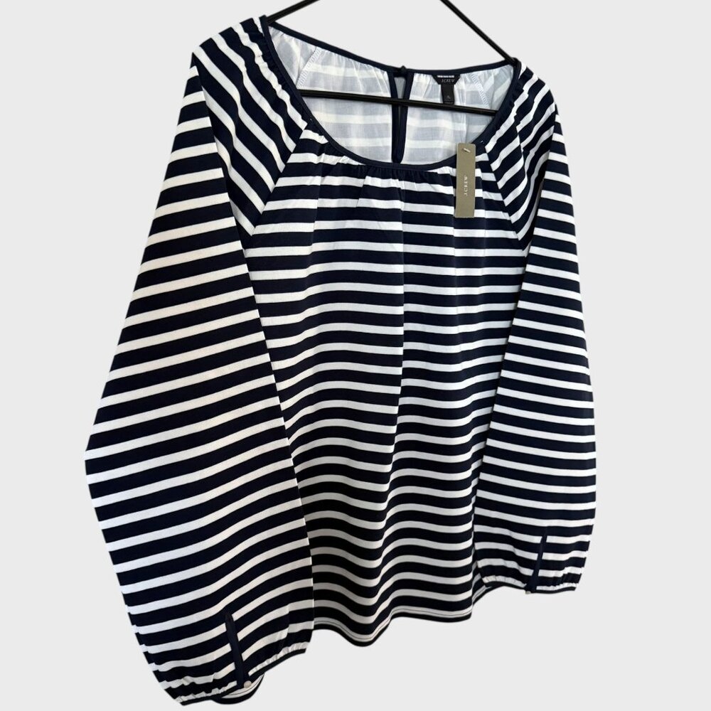 J.Crew Striped Raglan Tie-Back Peasant Blouse Top Black White Women's XL New - Picture 3 of 14
